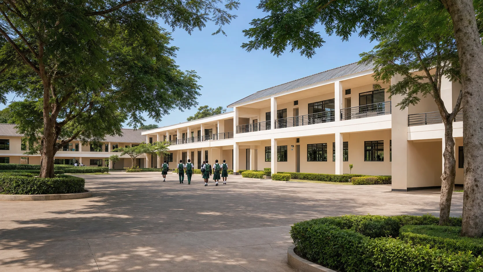 A bright academic building arranged around a landscaped school courtyard