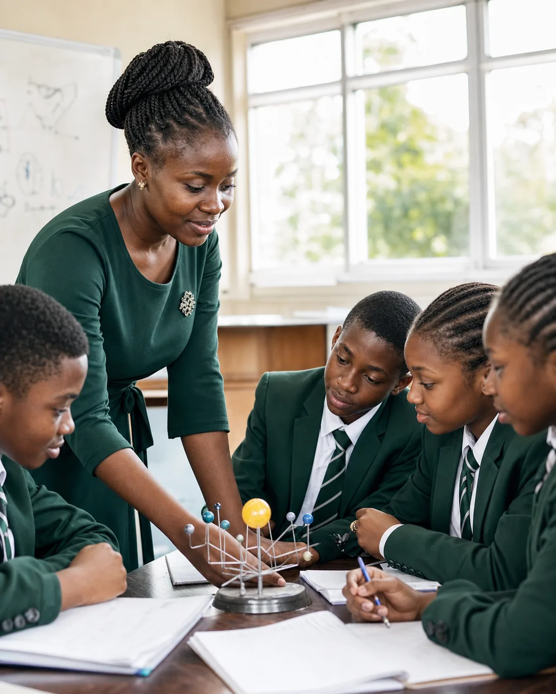 A teacher guiding students through a collaborative science lesson