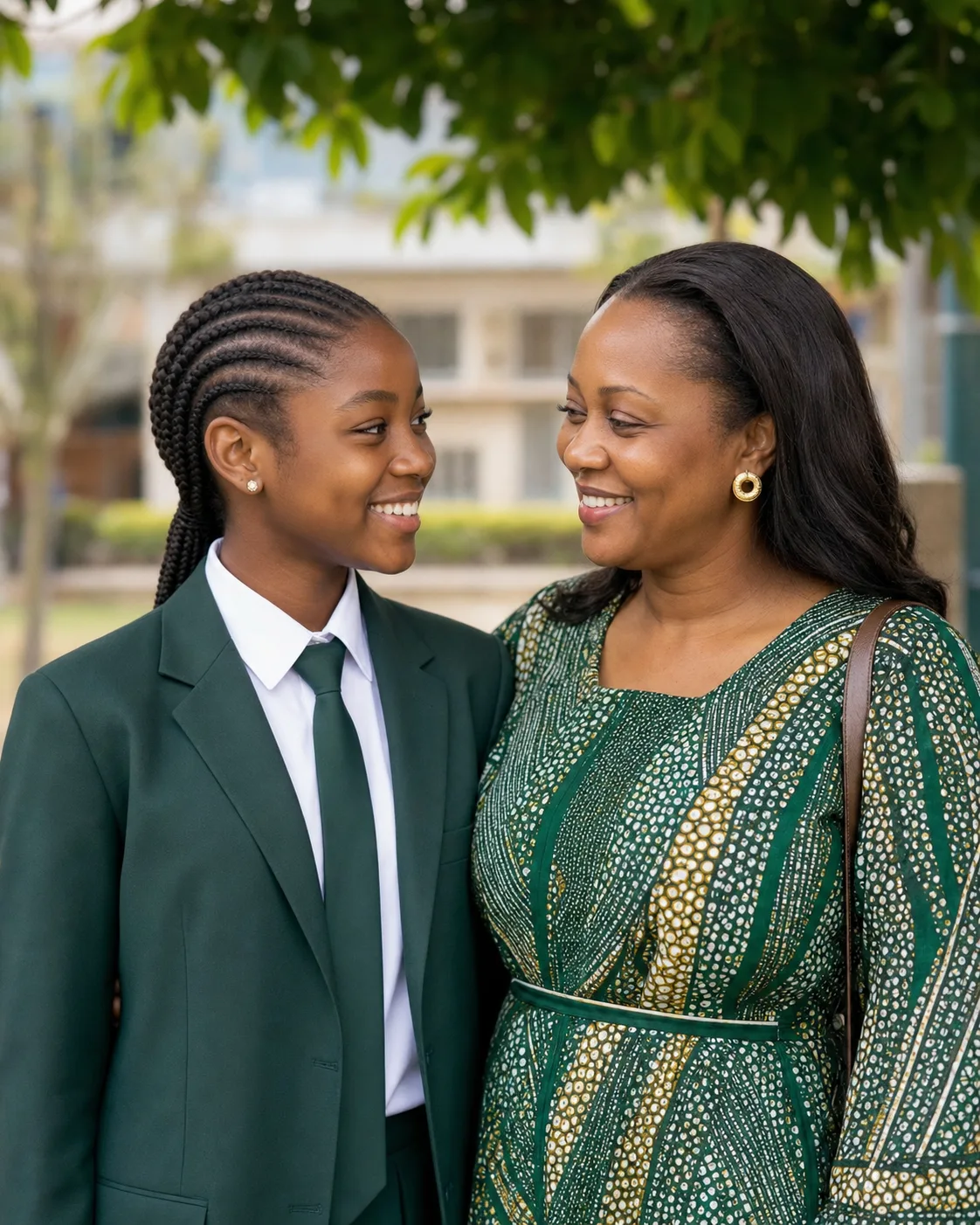 A mother and daughter sharing a warm moment in a school courtyard